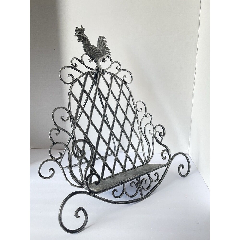 Kitchen Bookstand Recipe Holder Chicken Figure Ornate Metal Scrolls Silvery Gray